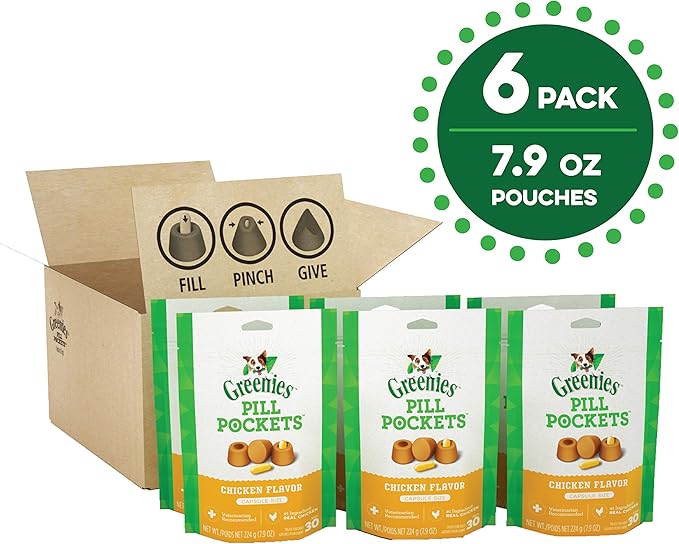 Greenies Pill Pockets for Dogs Capsule Size Natural Soft Dog Treats, Chicken Flavor, (6) 7.9 oz. Packs (180 Treats)