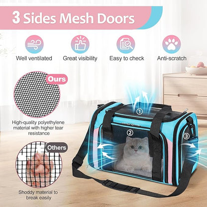 Cat Dog Carrier Up to 15 Lbs TSA Airline Approved Pet Carrier for Small Medium Cats Puppies Dog Carriers for Small Dogs Collapsible Soft Sided Cat Travel Carrier - Blue&Pink 15.7"x10.2"x10.2"