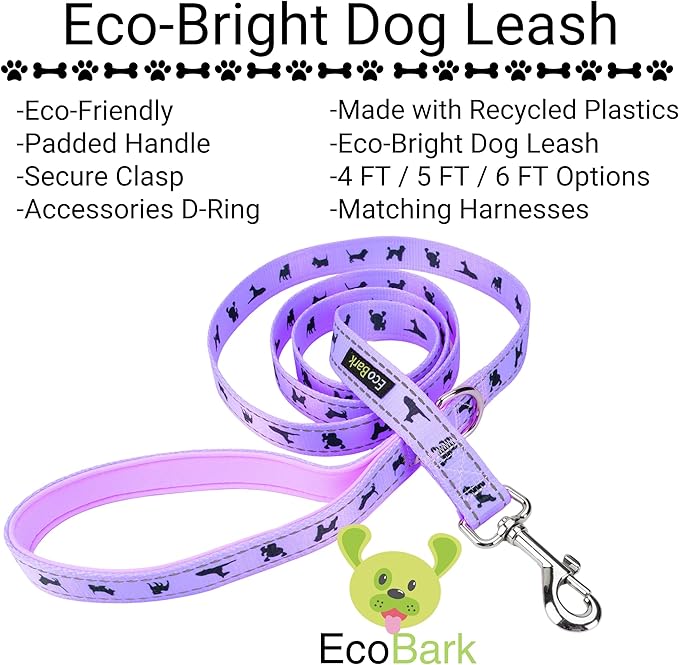 EcoBark Dog Leash - Soft & Reflective Comfort Training Leashes with Padded Handle - Strong Durable Heavy Duty - Training and Pulling for Small, Medium or Large Dogs (Lavender)