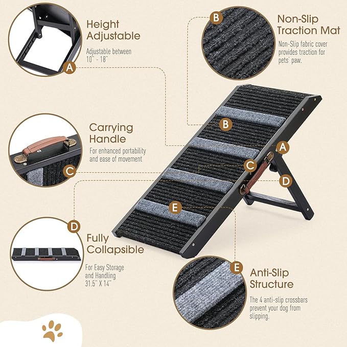 18" Tall Adjustable Pet Ramp - Small Dog Use Only - Wooden Folding Portable Dog & Cat Ramp Perfect for Couch or Bed with Non Slip Carpet Surface - 4 Levels Height Adjustable Up to 90Lbs