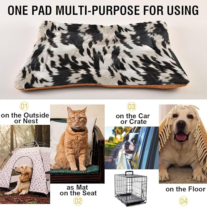 3D Cow Print Pet Bed Pad Soft Dog Bed Mat with Anti-Slip Bottom, Machine Washable Crate Pad Mattress for Dog Sleeping- 24 * 18inches