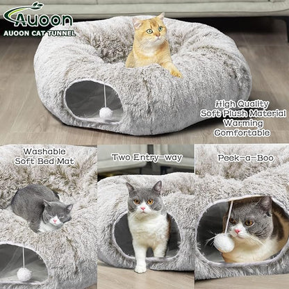 AUOON Cat Tunnel Bed with Central Mat,Big Tube Playground Toys,Soft Plush Material,Full Moon Shape for Kitten,Cat,Puppy,Rabbit,Ferret (Khaki)