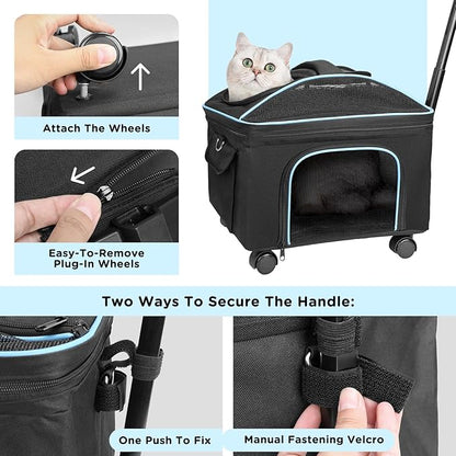 Airline Approved Cat Dog Carrier w Silent Wheel, Pet Carriers for Small Dogs Cats, Soft Travel Carrier Bag w Handle and Shoulder,Ideal for Outdoor (Black)