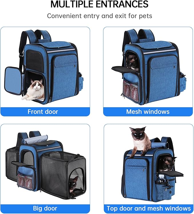 Pet Travel Carrier Backpack, Soft-Sided Breathable Mesh Cat Carrier Backpack for cat,Dogs,Puppies Up to 20 Lbs,Dual Side Expandable to 17 x 13.5 x 36 inches… (Blue)