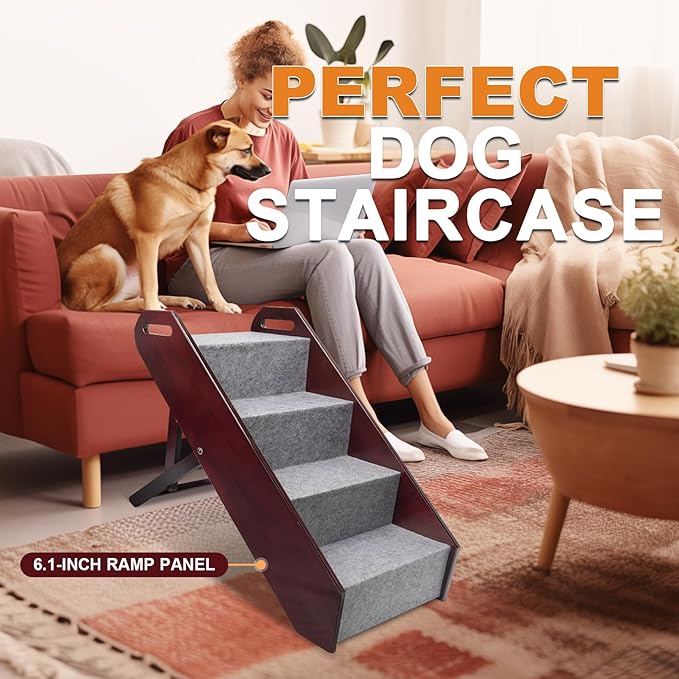 Wooden Dog Stairs to Bed, Folding 4-Step Pet Stair with Adjustable Hight Pet Steps for Couch, High Bed, Car Use (Mahogany)