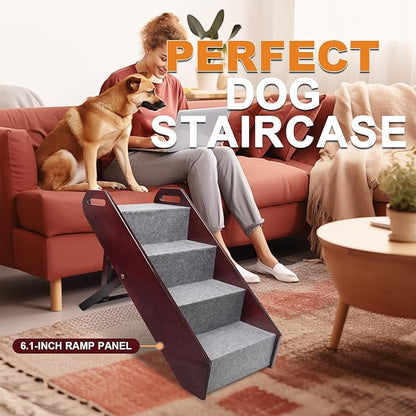 Wooden Dog Stairs to Bed, Folding 4-Step Pet Stair with Adjustable Hight Pet Steps for Couch, High Bed, Car Use (Mahogany)