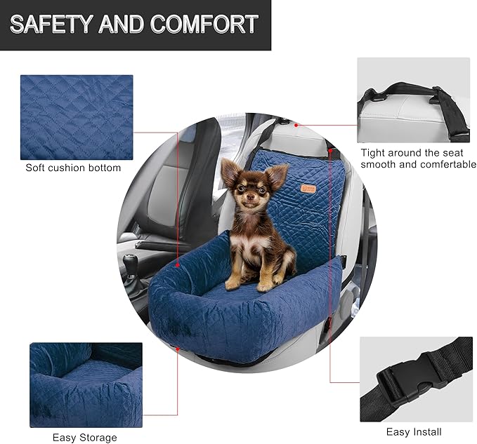 X AUTOHAUX Car Dog Bed Cat Seats Booster Seat Flannel Puppy Bed Back Car Dog Seat Travel Safety Carseat/Carrier Washable Cover with Seat Belt for Medium Small Sized 5-15 lb Blue