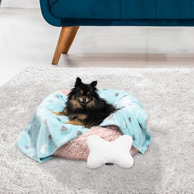Juicy Couture Turquoise Blue Dog Blanket with Sherpa Bone Shaped Pillow – Plush Puppy Blanket Throw