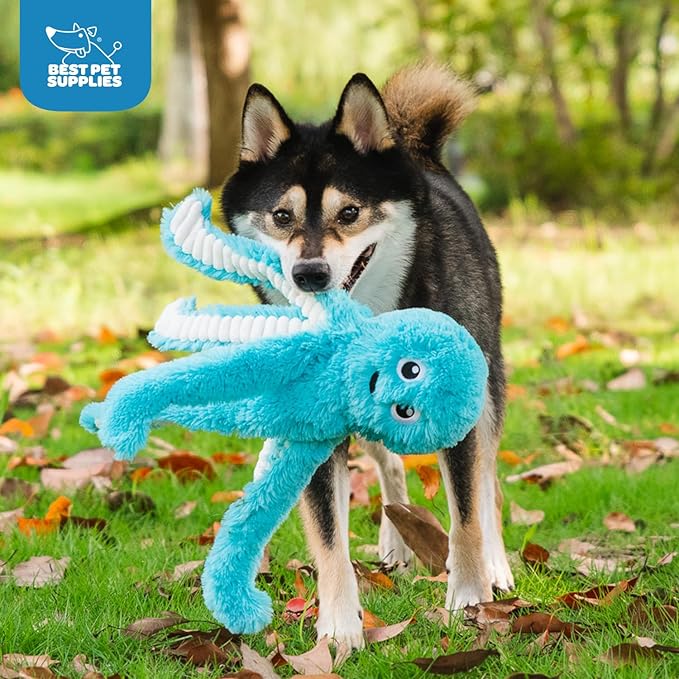 Best Pet Supplies OctoMutant Crinkle Plush Dog Toys for Interactive Play, Puppy and Senior Indoor Play, Colorful Octopus Toy Shape, Soft Head Stuffing, Cute and Cuddly - Turquoise