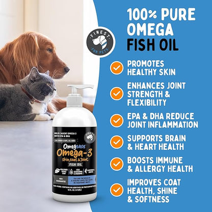 Omegease 100% Pure Omega 3 Fish Oil for Dogs & Cats 16 oz - Skin & Coat Supplement, Less Scratching & Shedding, Supports Joint Function, Immune, Brain & Heart Health. Natural EPA + DHA Fatty Acids