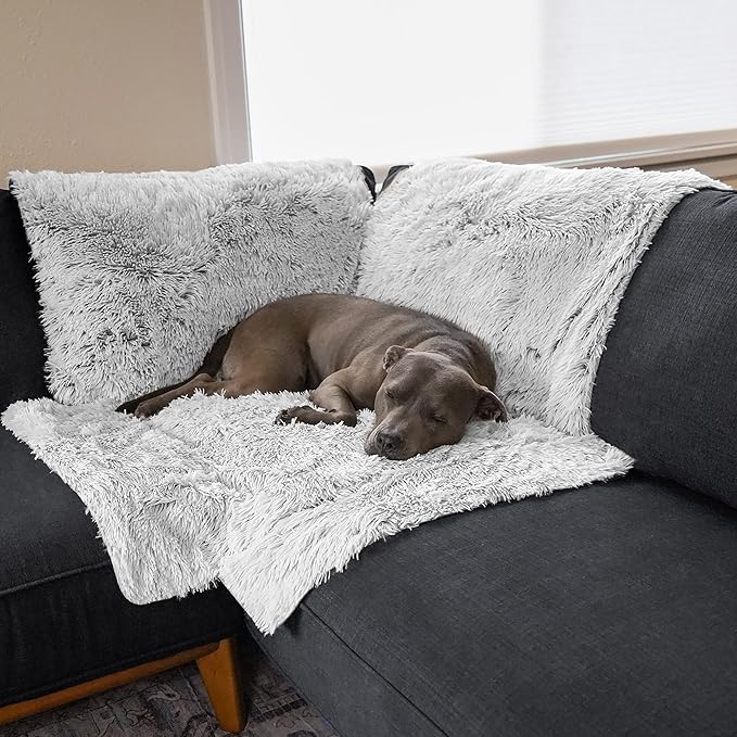 Furhaven Corner Cushion Seat Cover for Dogs & Cats, Washable, For Couches, Sectional Sofas, & L Shaped Couches - Snuggle Spot Shaggy Long Faux Fur Corner Throw - Mist Gray, One Size