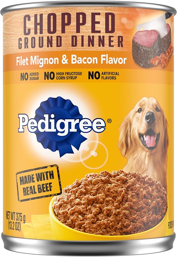 PEDIGREE CHOPPED GROUND DINNER Adult Canned Soft Wet Dog Food, Filet Mignon & Bacon Flavor, 13.2 oz. Cans (Pack of 12)