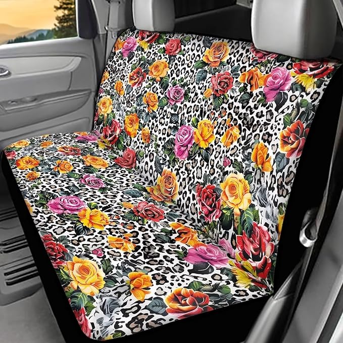 AFPANQZ Rose Leopard Car Seat Cover for Rear Bench Seats Polyester Fabric Protects Against Dirt Pet Fur Dog Hair