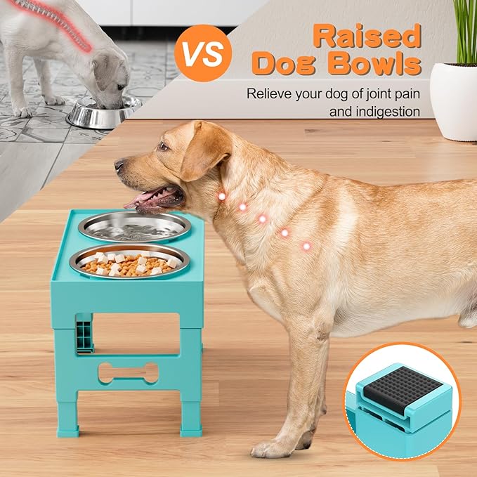 Elevated Dog Bowls 5 Height Adjustable Non-Slip Stand Adjusts to 3.1", 9", 10", 11", & 12" with 2 Stainless Steel Raised Dog Food Bowl for Medium Large Dogs and Pets (Aquamarine)