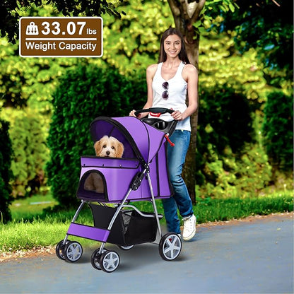 Pet Stroller 4 Wheels Dog Cat Stroller for Medium Small Dogs Cats, Folding Cat Jogger Stroller with Storage Basket & Breathable Mesh, Easy to Walk Travel Carrier, Purple