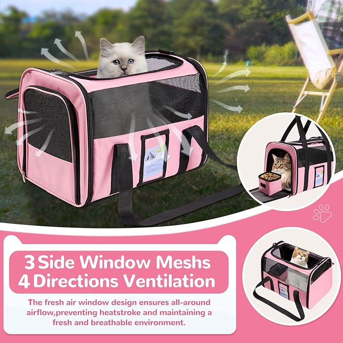 Soft Sided Cat Carrier for Under 18 Pounds, Folable Pet Carrier for Small Medium Cats Dogs, Roomy Dog Travel Carrier, Collapsible Puppy Carrier Bag with Locking Safety Zippers, Pink