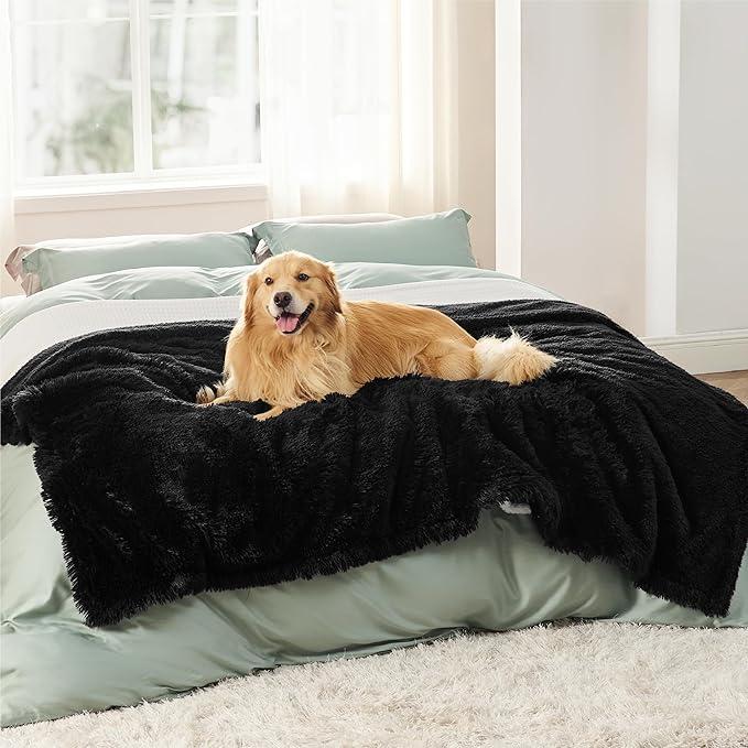 Bedsure Waterproof Dog Blankets for Large Dogs - Calming Cat Blanket for Bed Couch Protector Washable, Long Faux Fur Pet Throw Blanket for Puppy, Reversible Furniture Protection, 60"x80", Black