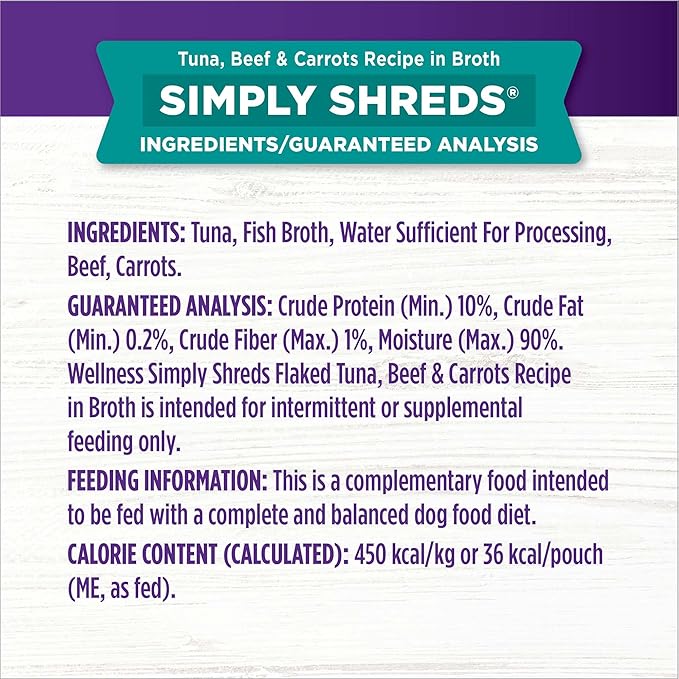 Wellness Bowl Boosters Simply Shreds Natural Grain Free Wet Dog Food Mixer or Topper, Tuna, Beef & Carrots, 2.8-Ounce Pouch (Pack of 12)