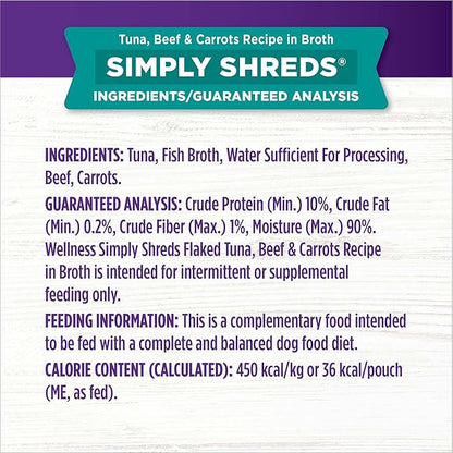 Wellness Bowl Boosters Simply Shreds Natural Grain Free Wet Dog Food Mixer or Topper, Tuna, Beef & Carrots, 2.8-Ounce Pouch (Pack of 12)