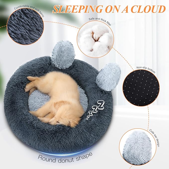 Calming Donut Dog Bed for Small Dogs and Cats 18" Grey