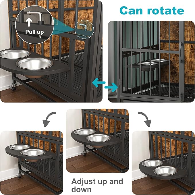NicBex Dog Crate Furniture Dog Cage with 360 Degree Rotation Height Adjustable Feeding Bowls