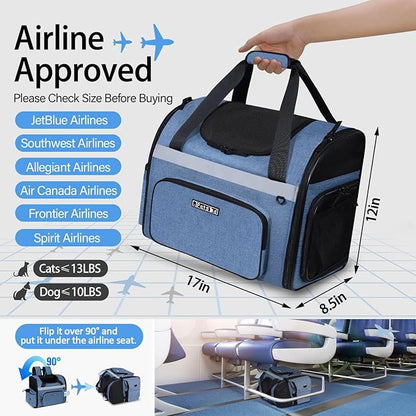 Petskd Pet Backpack Carrier 17x12x8.5 JetBlue Allegiant Spirit Airline Approved for 1-12 LBS Small Cats and Dogs(Blue)