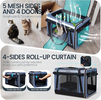 Petskd Extra Large Cat Carrier for 55LBS Pet Car Travel with Litter Box, 24"x17"x17" Soft Large Cats or Medium Dog Carrier with 5 Breathable Mesh Windows and Locking Zippers for Long Distance(Blue)