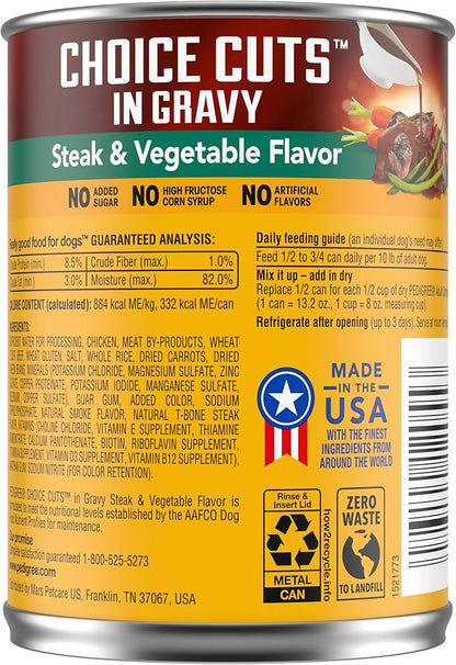 PEDIGREE CHOICE CUTS IN GRAVY Adult Canned Soft Wet Dog Food, Steak & Vegetable Flavor, 13.2 oz. Cans (Pack of 12)