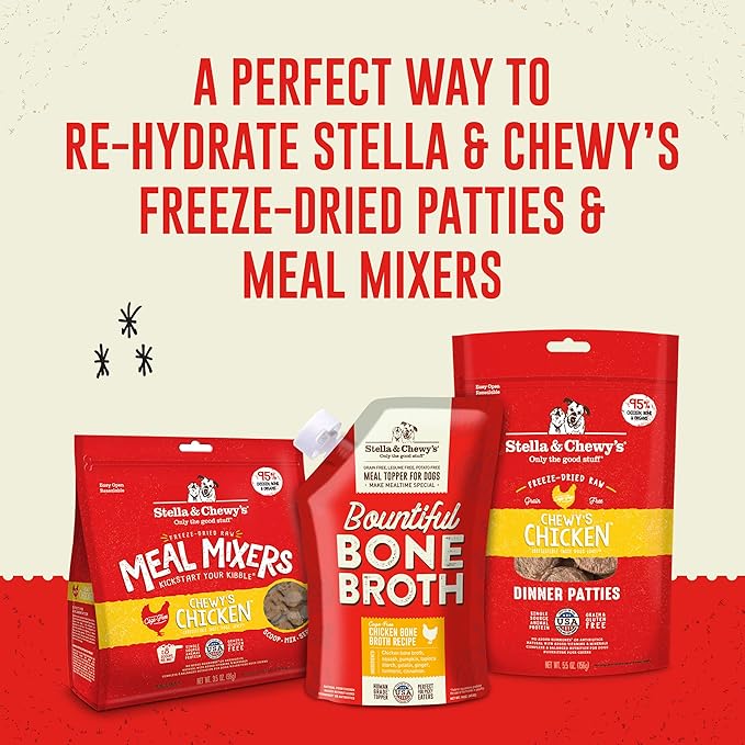 Stella & Chewy's Bountiful Bone Broth Cage-Free Chicken Recipe Meal Topper for Dogs, 16 oz. Resealable Pouch (Pack of 6)