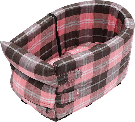 X AUTOHAUX Large Plaid Style Dog Car Seat Adjustable Straps for Medium Small Sized Puppy Cat Seat Pets Soft Non Slip Bottom Travel Bed Gray Pink