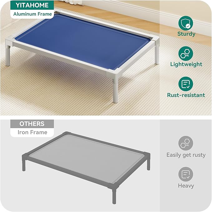 YITAHOME Elevated Dog Bed, Aluminum Frame Chew Proof Raised Pet Cot with Breathable Textilene Mesh Fabric, Enclosed Edges, Non-Slip Rubber Feet, 110LBS Capacity for Indoors & Outdoors, Blue, 32 Inch