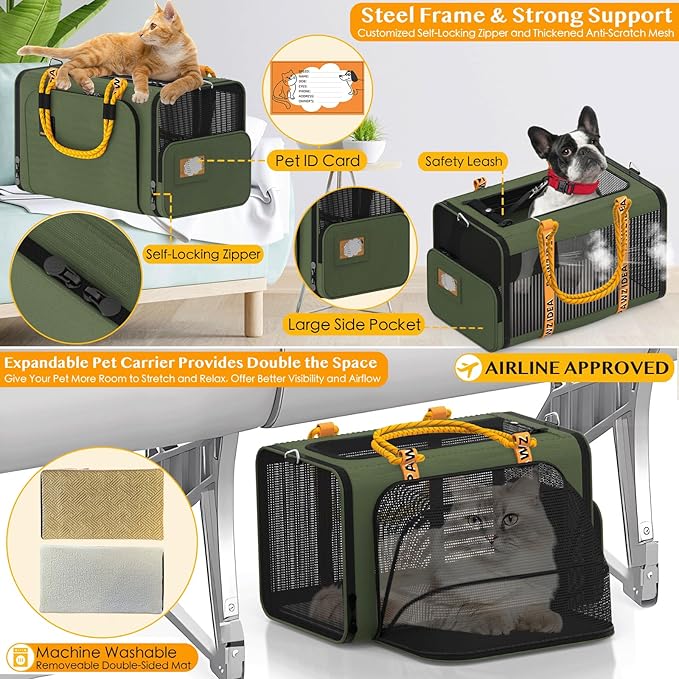 PAWZIDEA Double Pet Stroller for 2 Cats Dogs Small & Medium, TSA Airline Approved Cat Carrier Expandable, Cat Stroller with Removable Carrier Bag, 2 Dog Stroller Detachable Carrier, Travel Car Seat