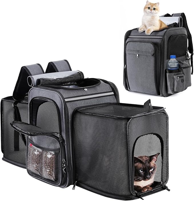 Pet Travel Carrier Backpack, Soft-Sided Breathable Mesh Cat Carrier Backpack for cat,Dogs,Puppies Up to 20 Lbs,Dual Side Expandable to 17 x 13.5 x 36 inches… (Grey + Black Mesh)