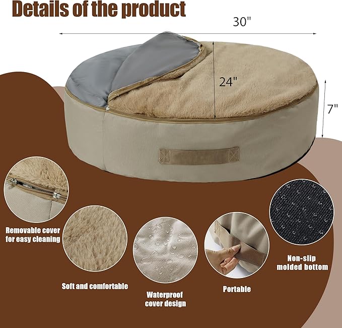 BALAPET Bean Bag Dog Bed Calming Dog Bed for Large Dogs with Removable Quilt Top & Washable Cover 30 inches Anti-Slip Round Fluffy Plush Dog Bed