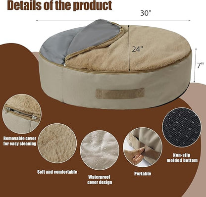 BALAPET Bean Bag Dog Bed Calming Dog Bed for Large Dogs with Removable Quilt Top & Washable Cover 30 inches Anti-Slip Round Fluffy Plush Dog Bed