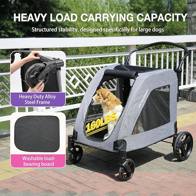 EchoSmile XL Extra Large Dog Stroller 4 Wheel 2 Medium 160 lbs,Gray
