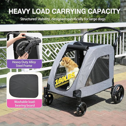 EchoSmile XL Extra Large Dog Stroller 4 Wheel 2 Medium 160 lbs,Gray