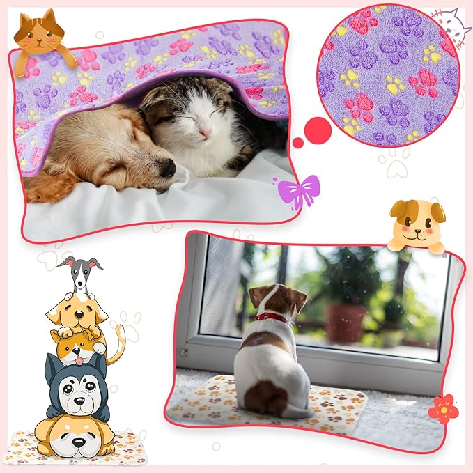 8 Pieces Puppy Blanket Dog Blanket Fleece for Medium Small Dogs Soft Flannel Throw Pet Pad Paw Print Sleep Mat Bed Cover for Dogs Cats Pets Cage