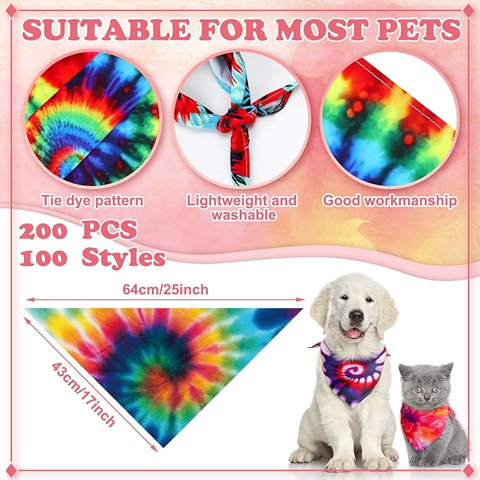 200 Pcs Tie Dye Dog Bandanas Bulk Pet