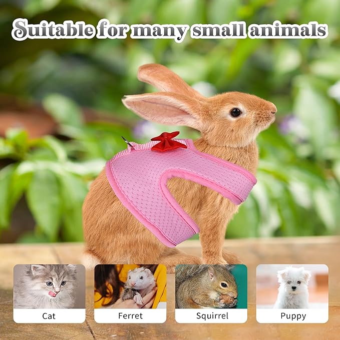 AIITLE Bunny Harness and Leash Set with Cute Bow, Soft Breathable Mesh Vest Harness for Rabbits Kitten Ferret Small Pig Puppy Walking Supplies Pink M