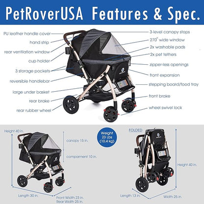 Pet Rover XL Premium Heavy Duty Dog/Cat/Pet Stroller Travel Carriage/w Convertible Compartment/Pump-Free Rubber Tires for Small/Medium/Large Pets (Stone Gray 2nd-Gen) 23.0 pounds