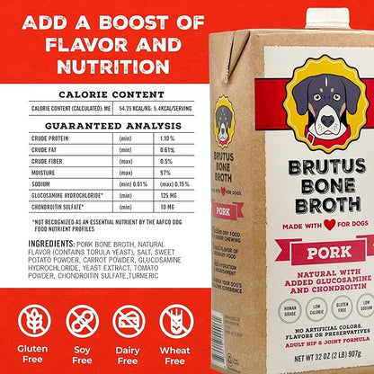 Brutus Bone Broth for Dogs | All Natural | Made in USA | Glucosamine & Chondroitin for Healthy Joints | Human Grade Ingredients | Hydrating Dog Food Topper, Gravy & Treat (Pork)