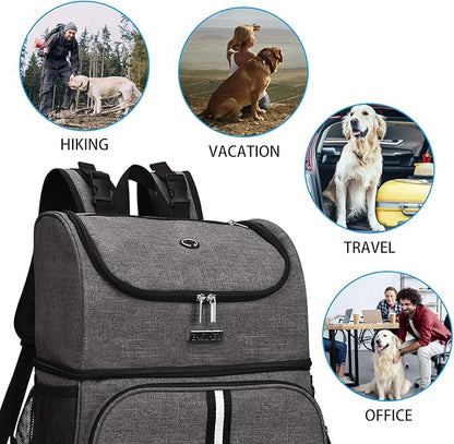 BAGLHER Pet Travel Bag, Double-Layer Pet Supplies Backpack (for All Pet Travel Supplies), Pet Travel Backpack with 2 Silicone Collapsible Bowls and 2 Food Baskets Grey