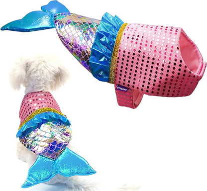 cyeollo Mermaid Dog Costume Halloween Dog Clothes with Sparkly Sequin Holiday Party Outfits Puppy Pet Costumes for Small Dogs Size XS