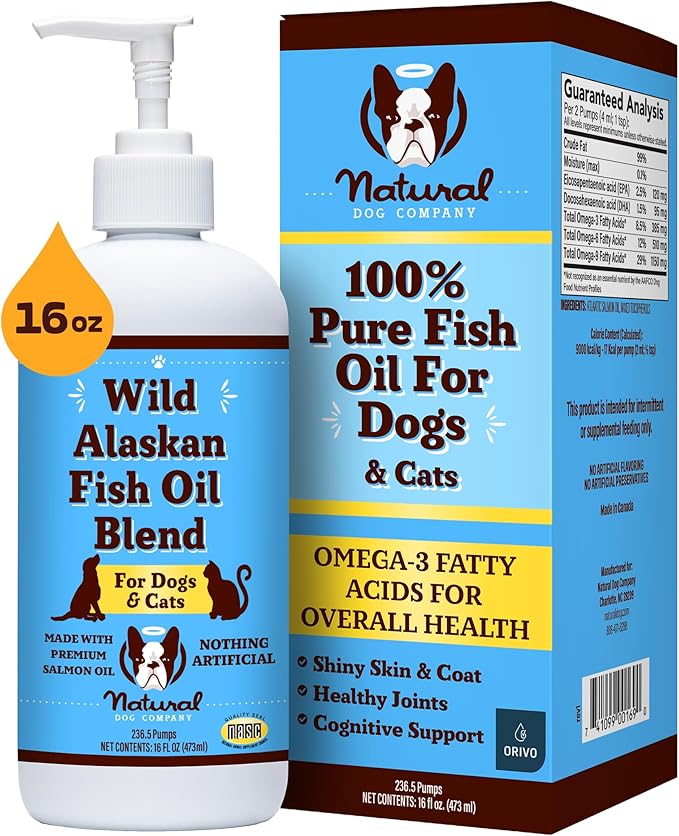 Natural Dog Company Wild Alaskan Fish Oil for Dogs and Cats (16oz) - Blend of Pollock Oil & Wild Salmon Oil for Dogs - EPA, DHA & Omega 3 for Dogs - Reduces Shedding, Nourishes Skin, Coat & Joints