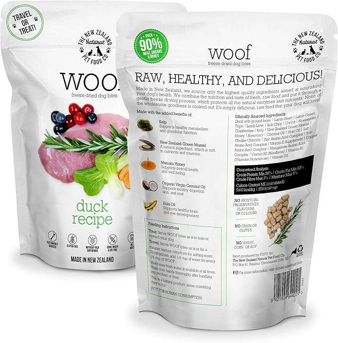 Woof Freeze Dried Dog Food - Duck Recipe, High Protein, Complete Diet, Dog Treats, All Life Stages - 1.76 oz