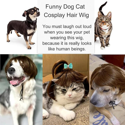 Funny Dog Wig Pet Costumes, Cat Costume Synthetic Hairpiece Cosplay Wigs, Headwear for Halloween Christmas Festivals Party Decor, Fancy Dress,Average Size for Most Dog Cat,Black Brown Straight