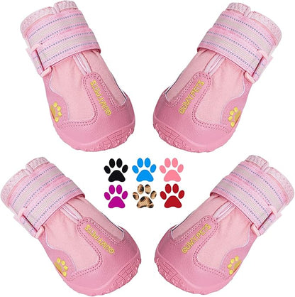 QUMY Dog Shoes for Large Dogs, Medium Dog Boots & Paw Protectors for Winter Snowy Day, Summer Hot Pavement, Waterproof in Rainy Weather, Outdoor Walking, Indoor Hardfloors Anti Slip Sole Pink 1