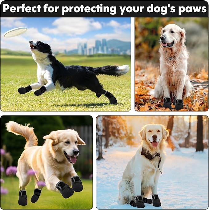 Dog Shoes, Outdoor Dog Boots Non-Slip Waterproof Dog Booties for Medium to Large Dogs 4Pcs for Winter Snowy Day, Summer Hot Pavement with Rugged Sole Black