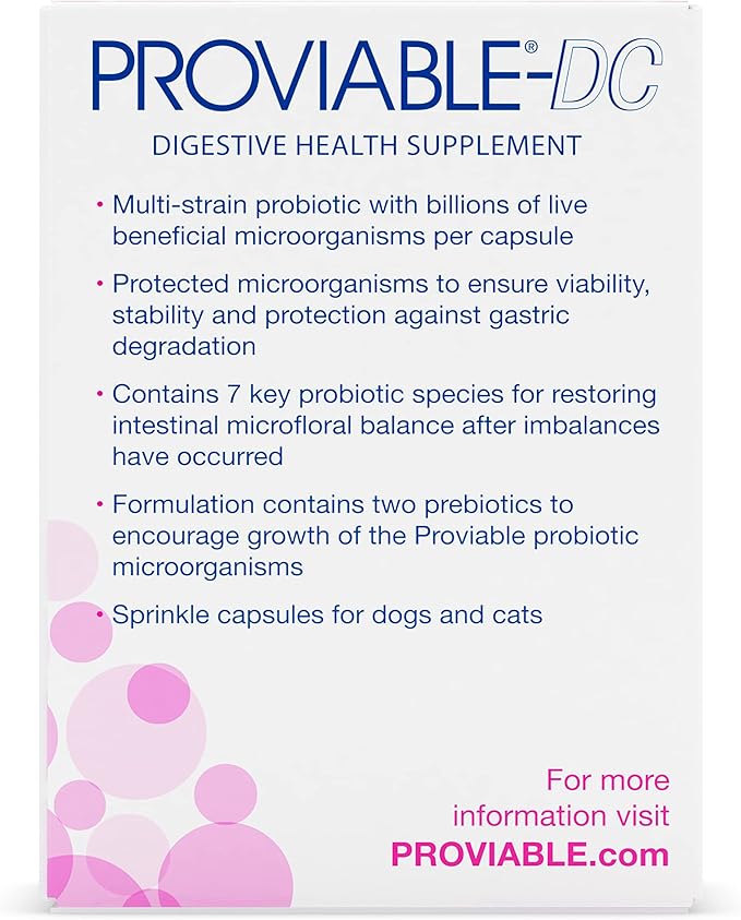 Nutramax Proviable Digestive Health Supplement Multi-Strain Probiotics and Prebiotics for Cats and Dogs - With 7 Strains of Bacteria, 30 Capsules